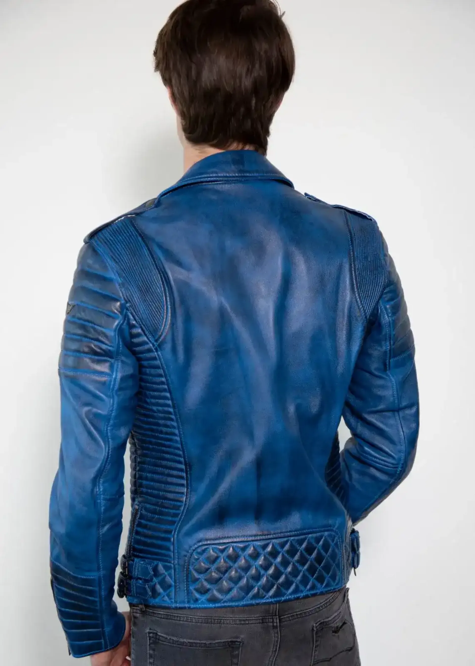 Mens Wethered Blur Quilted Moto Leather Jacket Back