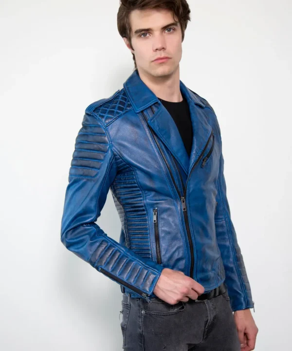 Mens Quilted Blue Leather Motorcycle Jacket