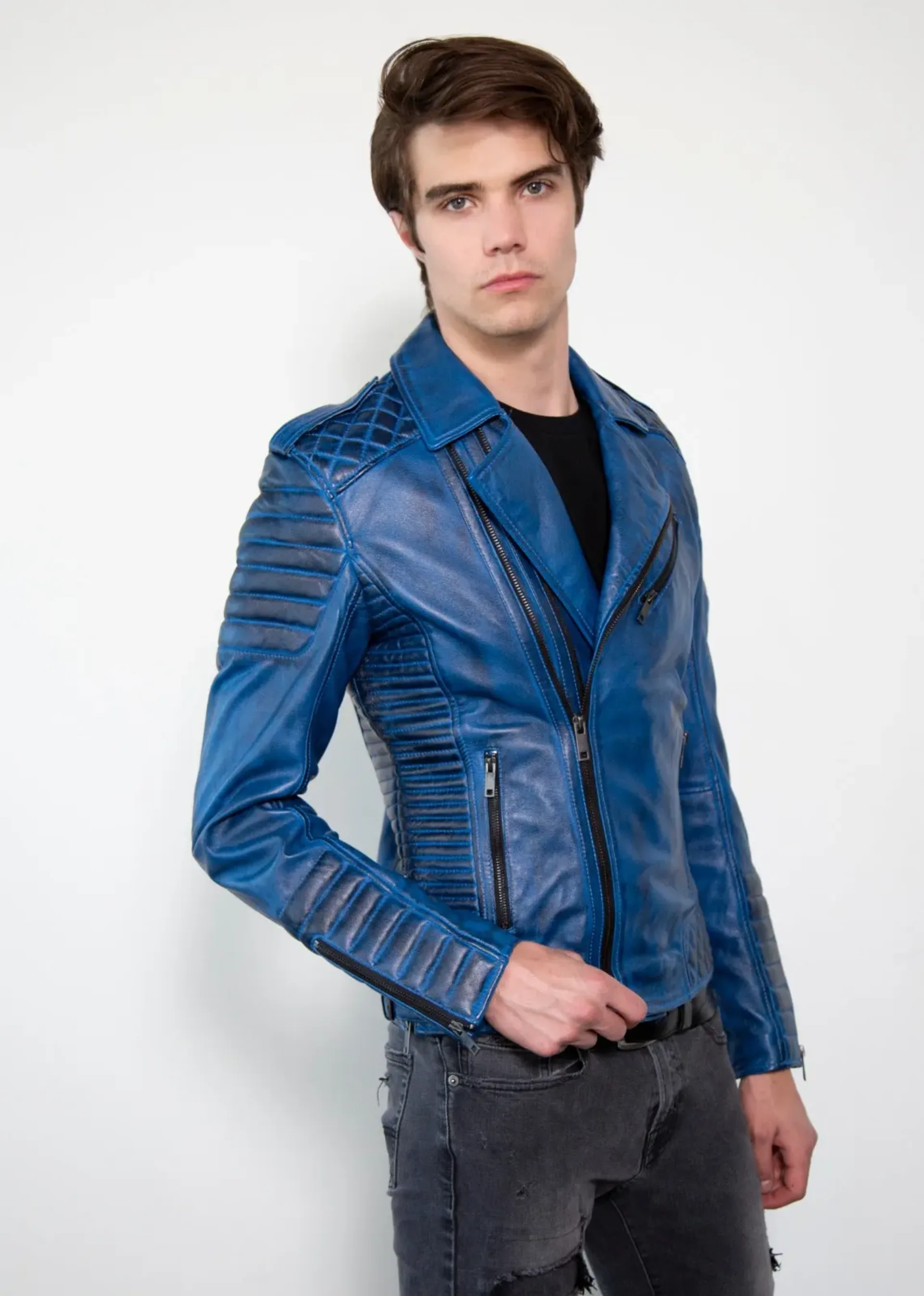 Mens Quilted Blue Leather Motorcycle Jacket
