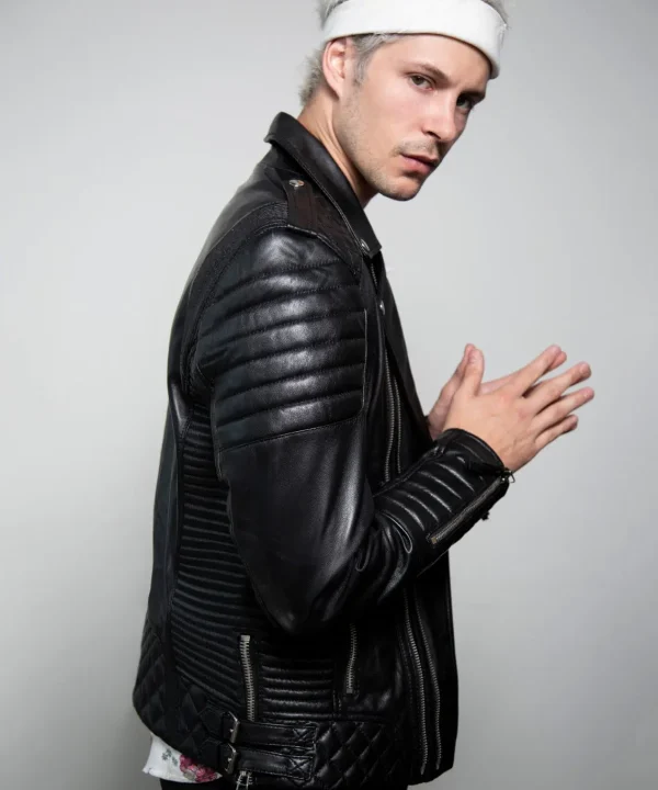 Mens Quilted Black Leather Moto Jacket