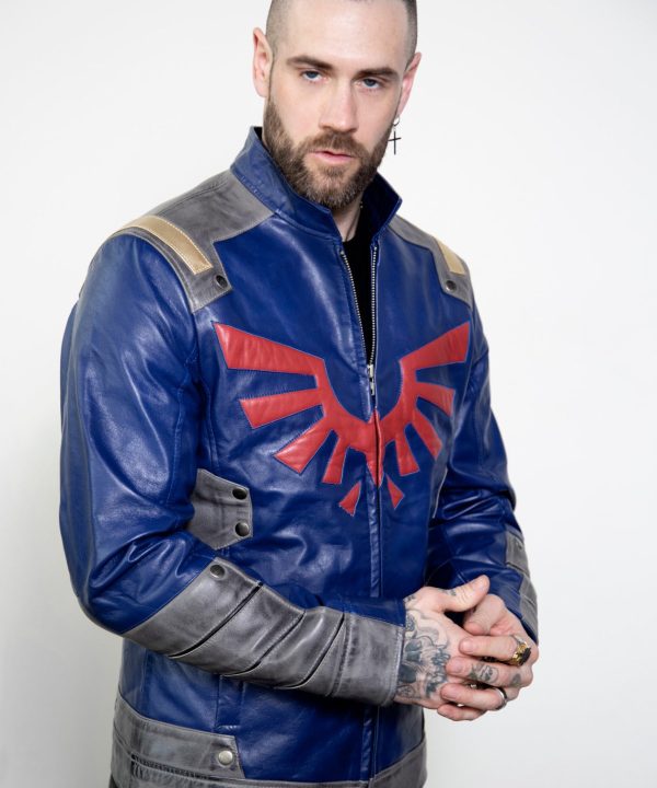 link royal blue shield breath of the wild leather jacket