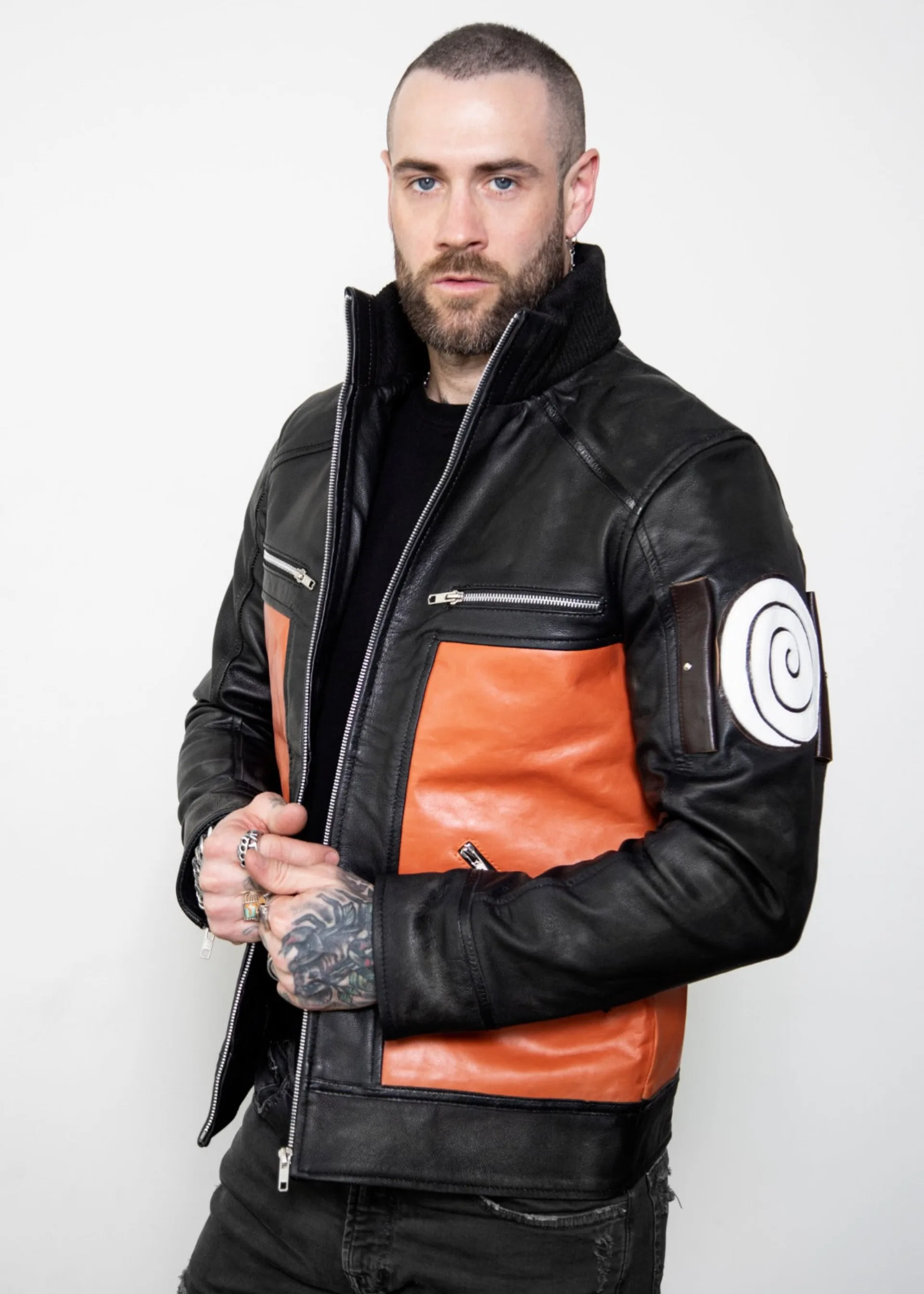Mens Naruto Anime Shippuden Orange Black Leather Jacket Hoodie Costume