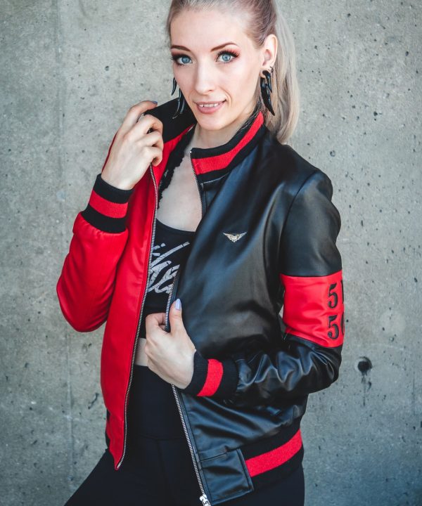 Womens Harley Quinn Leather Jacket Black and Red