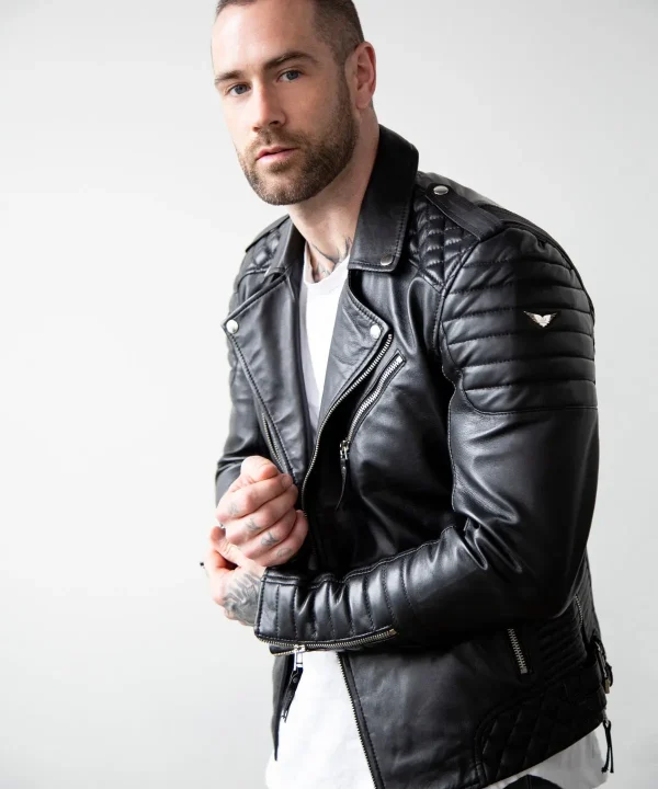 Mens Quilted Leather Motorcycle Jacket Black