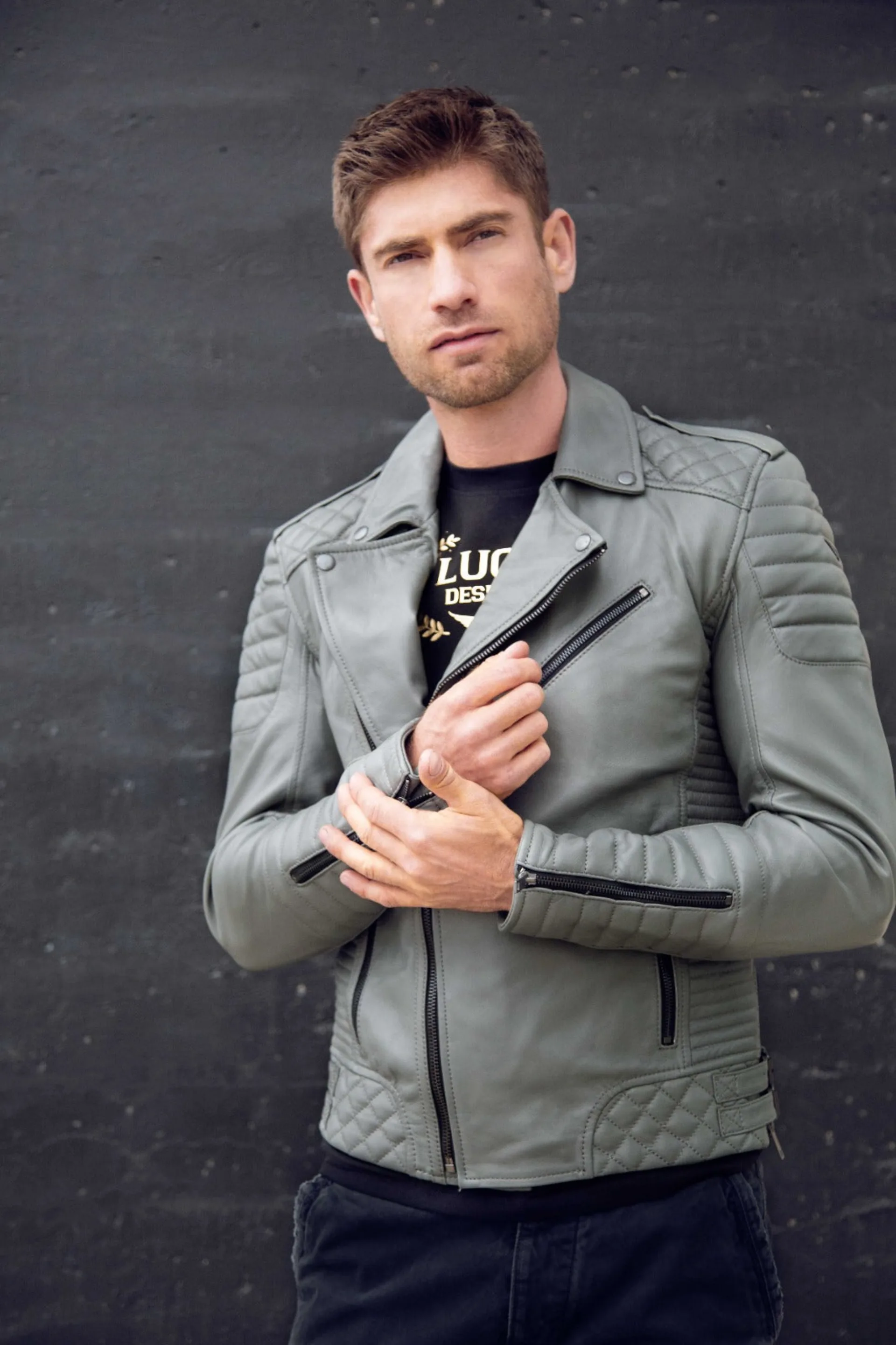 Mens Bright Grey Quilted Biker Leather Motorcycle Jacket Gray