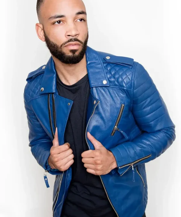 Mens Quilted biker Leather Motorcycle Jacket Blue