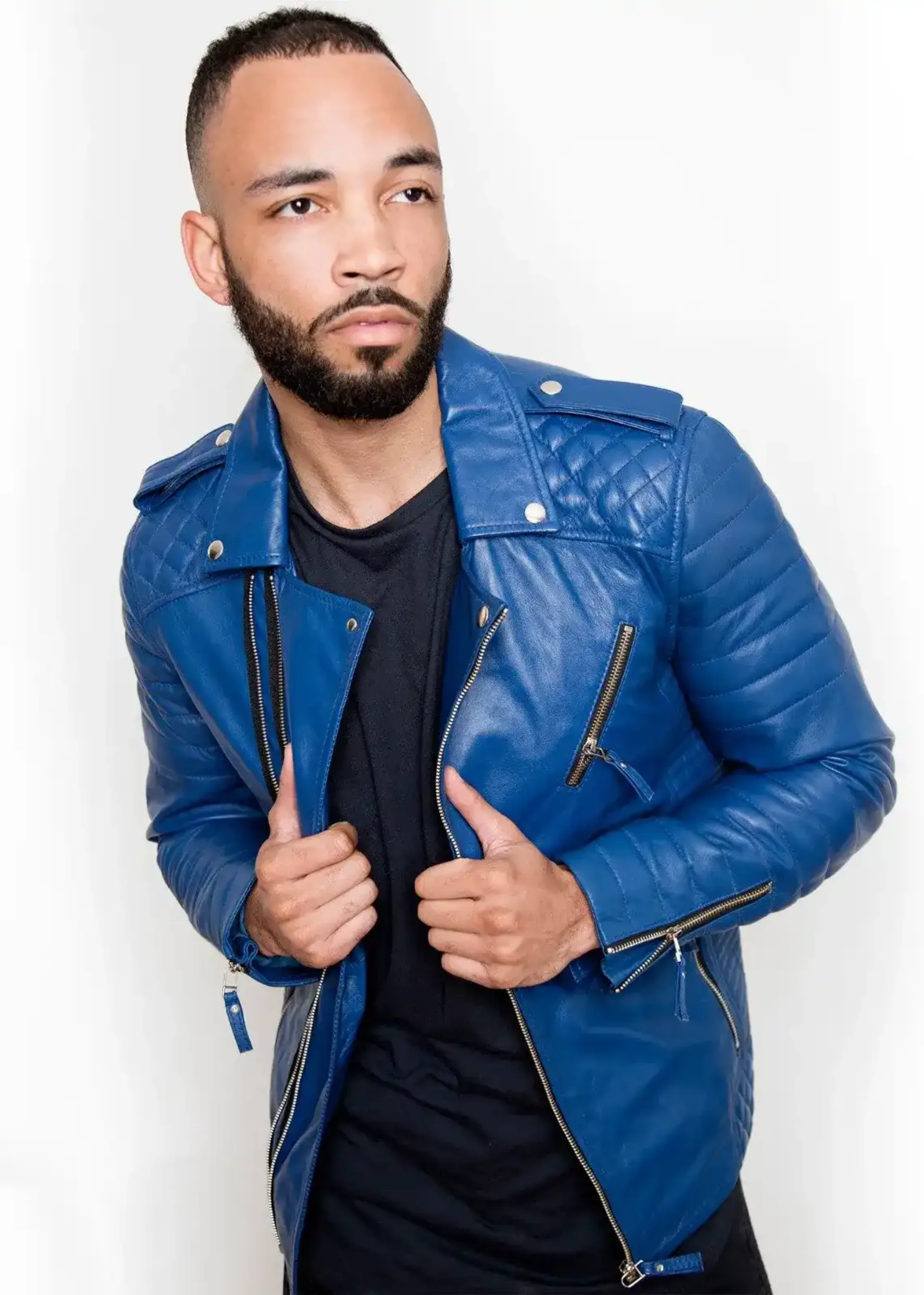 Mens Quilted biker Leather Motorcycle Jacket Blue