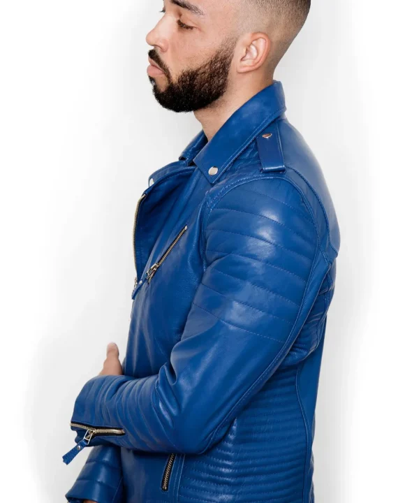 Mens Quilted biker Leather Motorcycle Jacket Blue