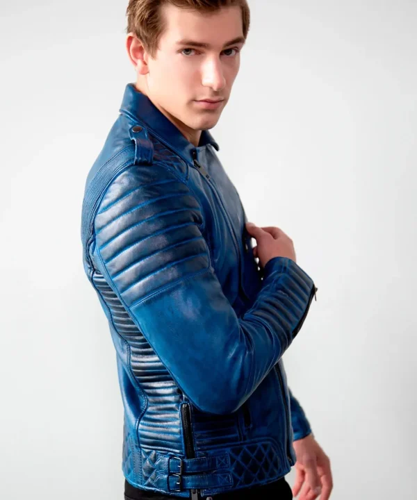 Mens Quilted biker Leather Motorcycle Jacket Burnt Blue