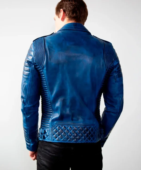 Mens Quilted biker Leather Motorcycle Jacket Burnt Blue