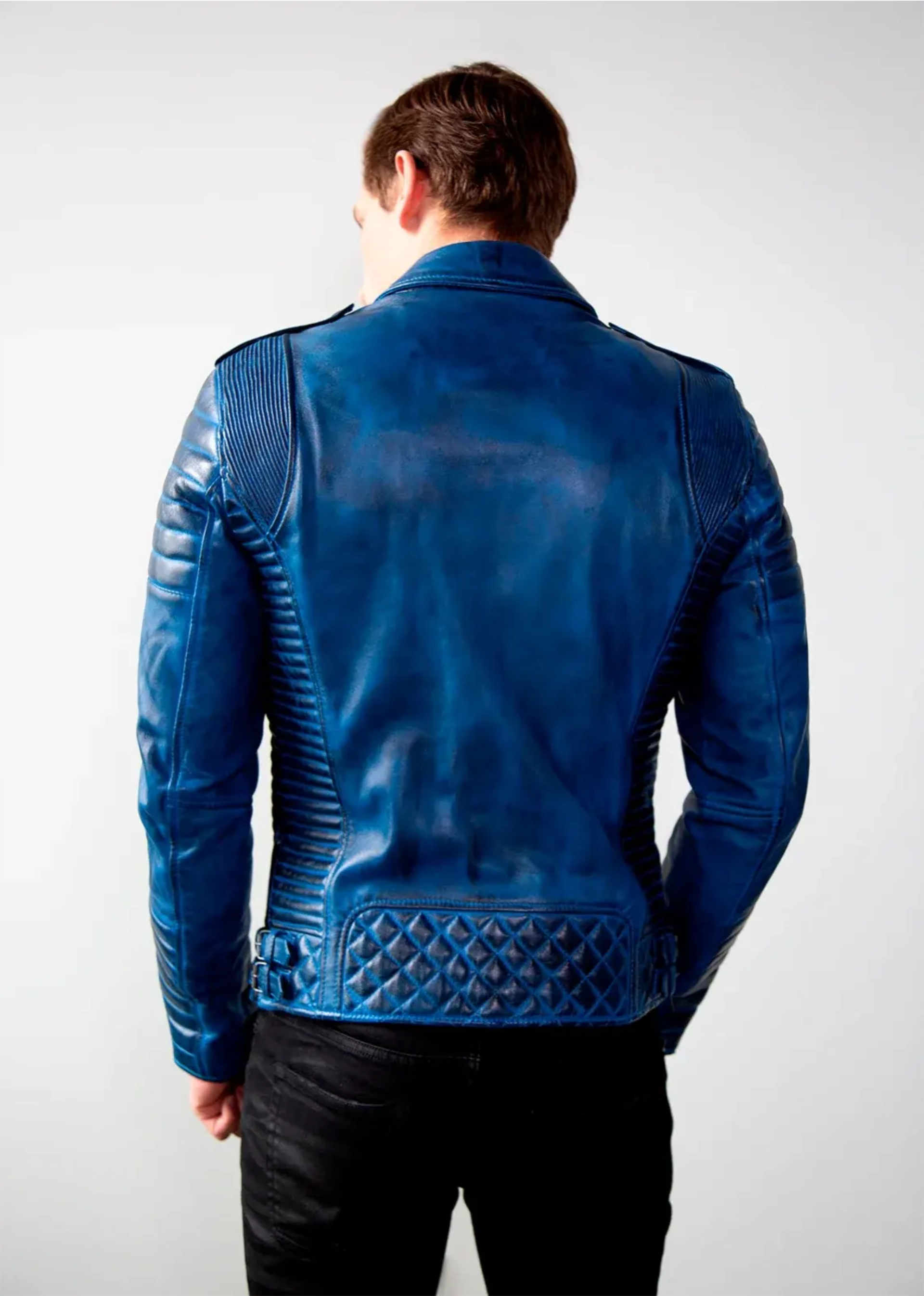 Mens Quilted biker Leather Motorcycle Jacket Burnt Blue