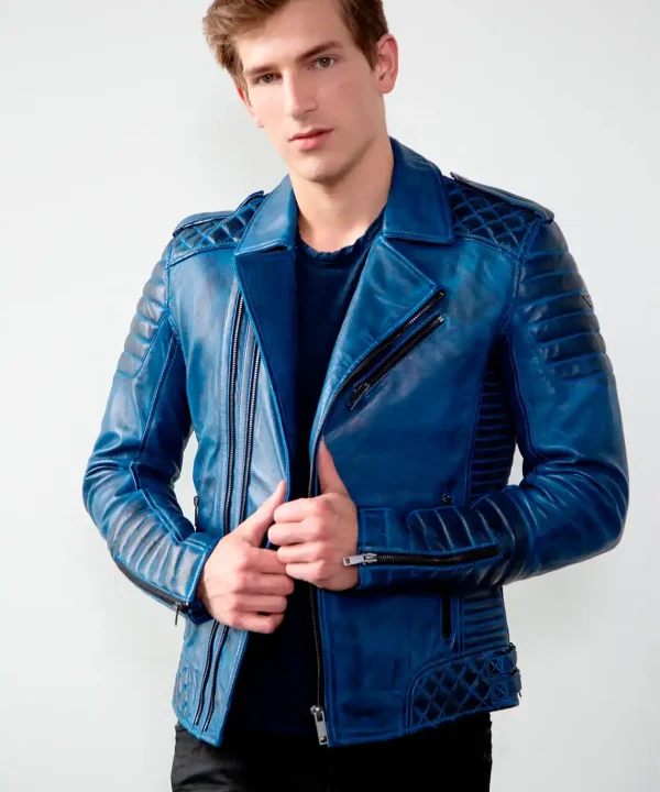 Mens Quilted biker Leather Motorcycle Jacket Burnt Blue