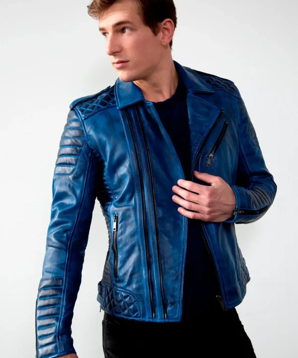 Mens Quilted biker Leather Motorcycle Jacket Burnt Blue