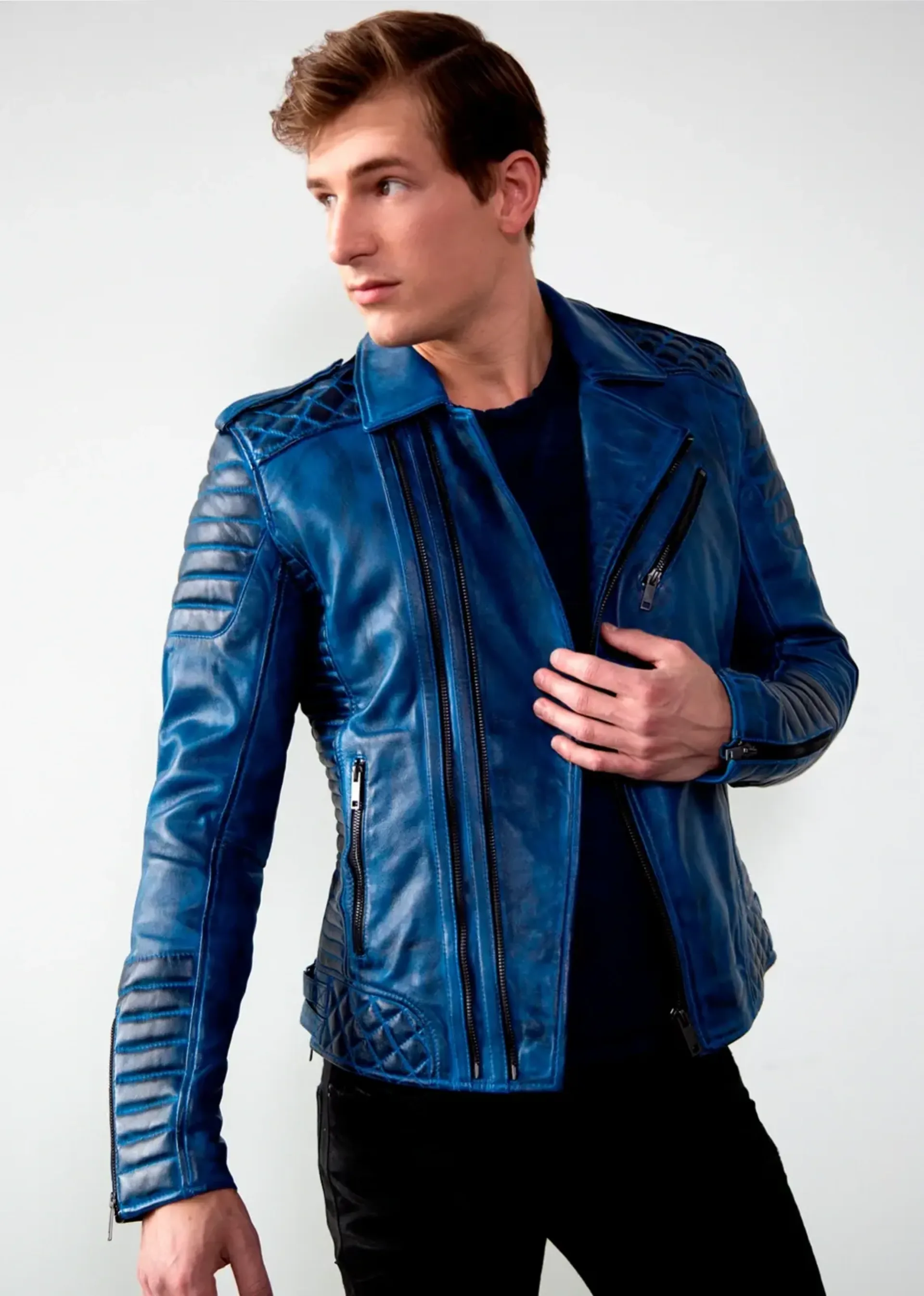 Mens Quilted biker Leather Motorcycle Jacket Burnt Blue