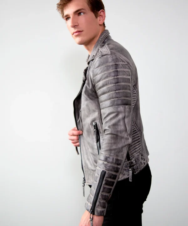 Mens Charcoal Gray Quilted Leather Motorcycle Jacket