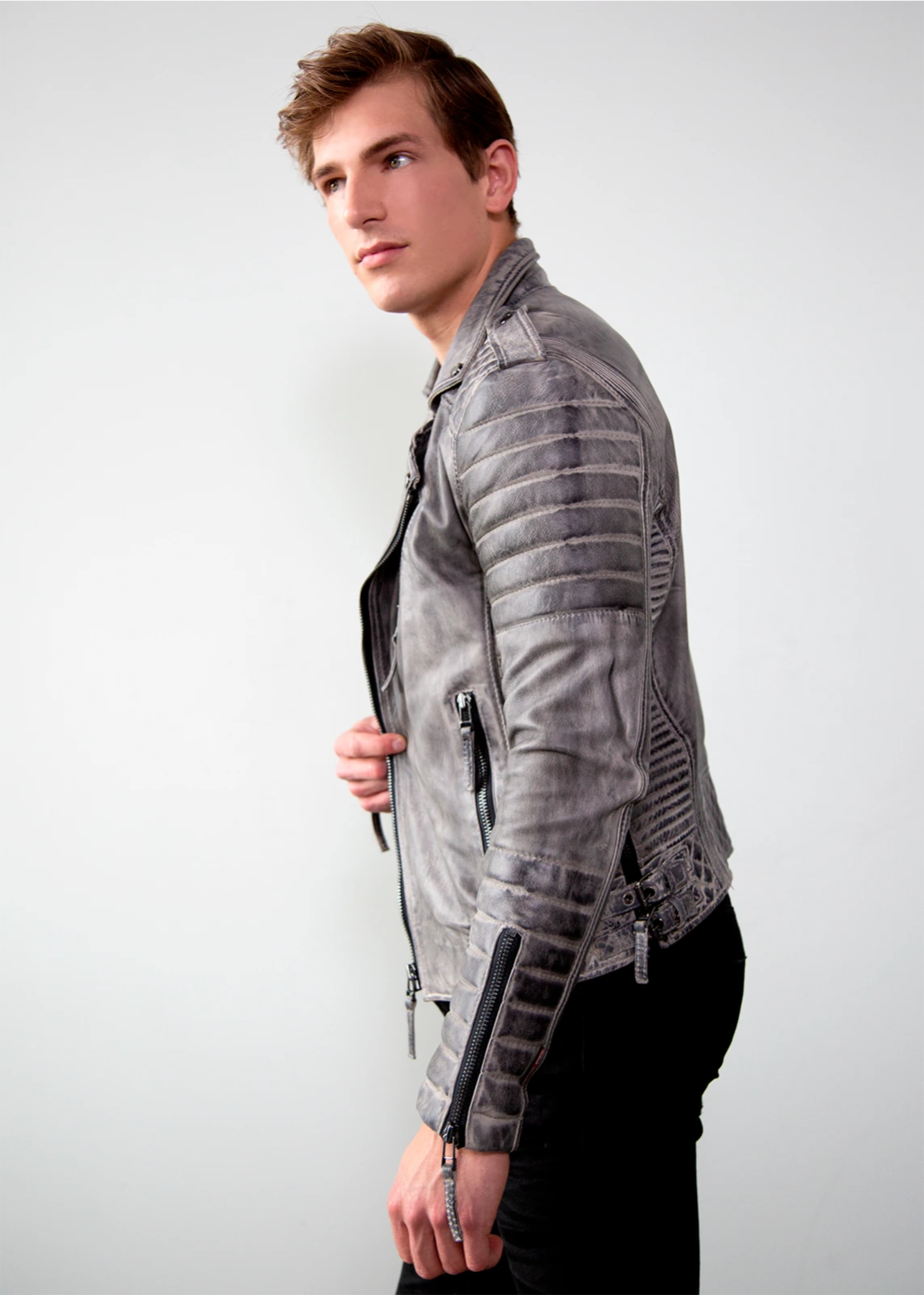 Mens Charcoal Gray Quilted Leather Motorcycle Jacket