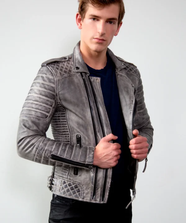 Mens Charcoal Gray Quilted Leather Motorcycle Jacket Media