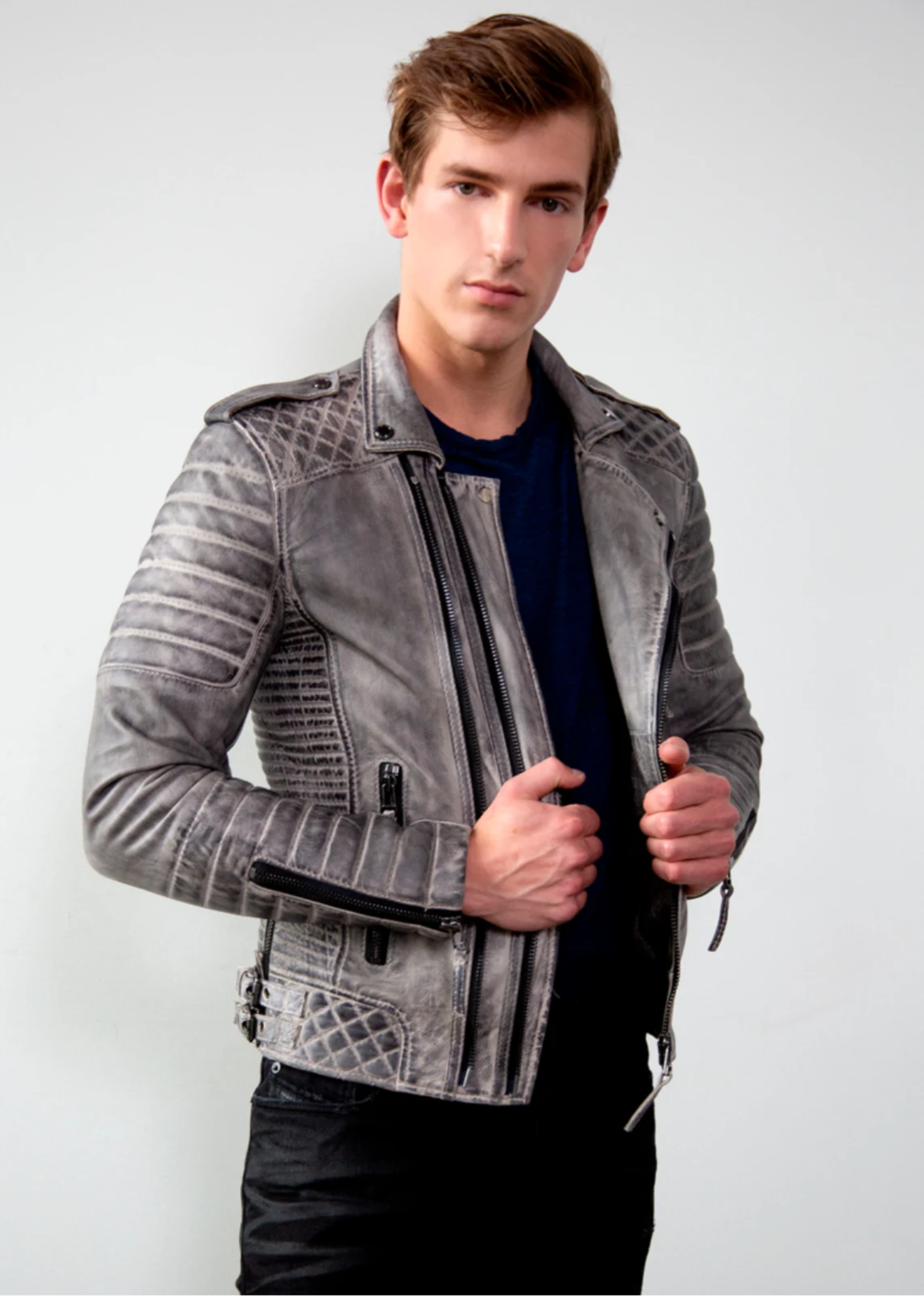 Mens Charcoal Gray Quilted Leather Motorcycle Jacket Media