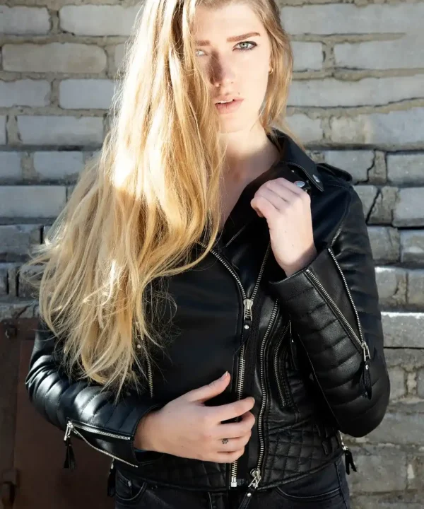 Womens Quilted Leather Motorcycle Jacket Black