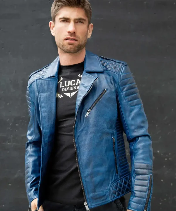 Mens Quilted biker Leather Motorcycle Jacket Blue