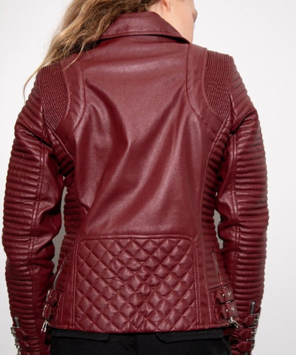Womens Quilted Leather Motorcycle Jacket Maroon