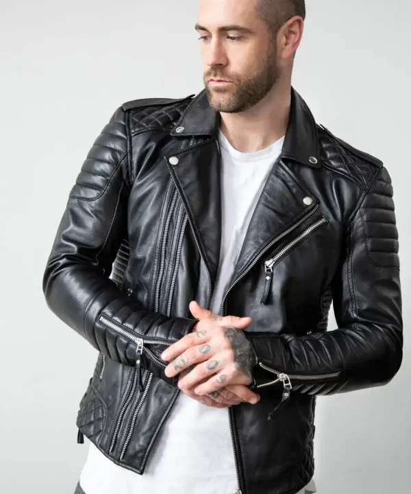 Mens Quilted Leather Motorcycle Jacket Black