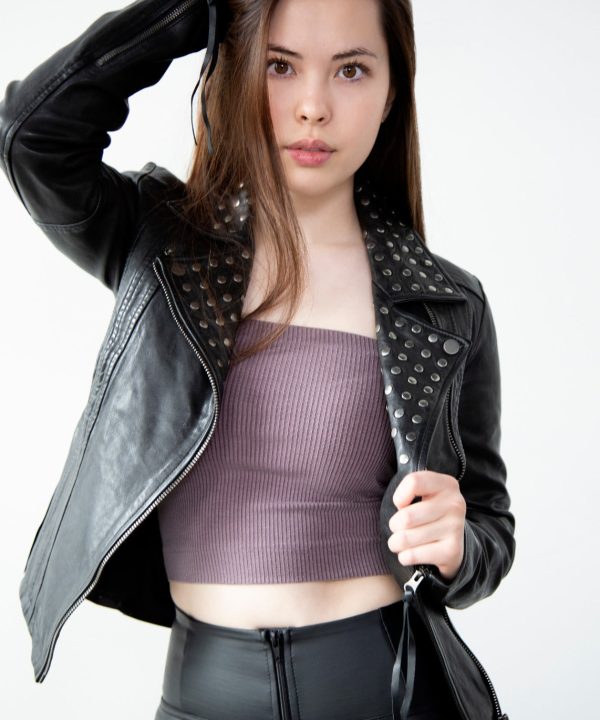 Womens Studded Black Motorcycle Leather Jacket Studs on Collar