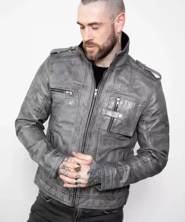 mens gray military style distressed leather jacket
