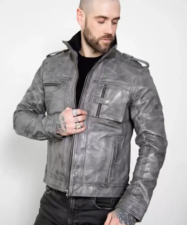 mens gray distressed leather jacket