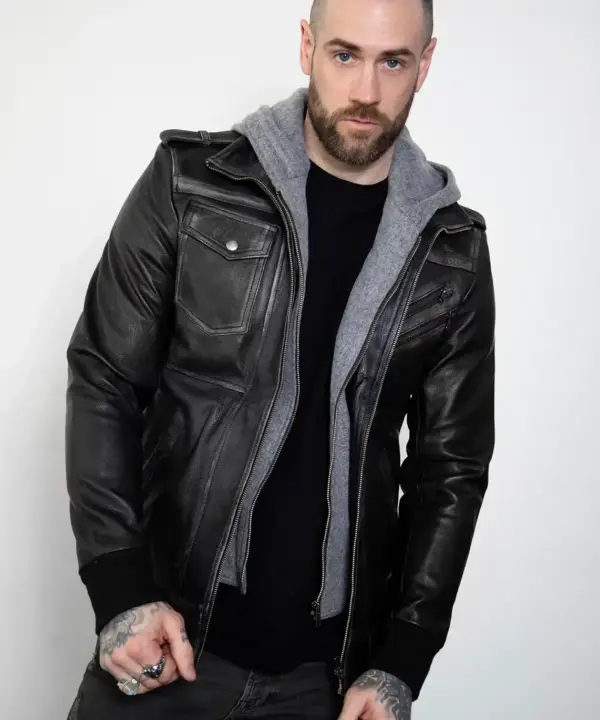 Mens Black Hooded Bomber Jacket