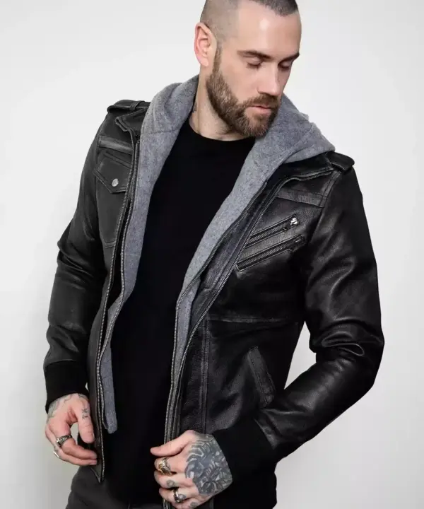 Distressed Leather Black Hooded Bomber Jacket