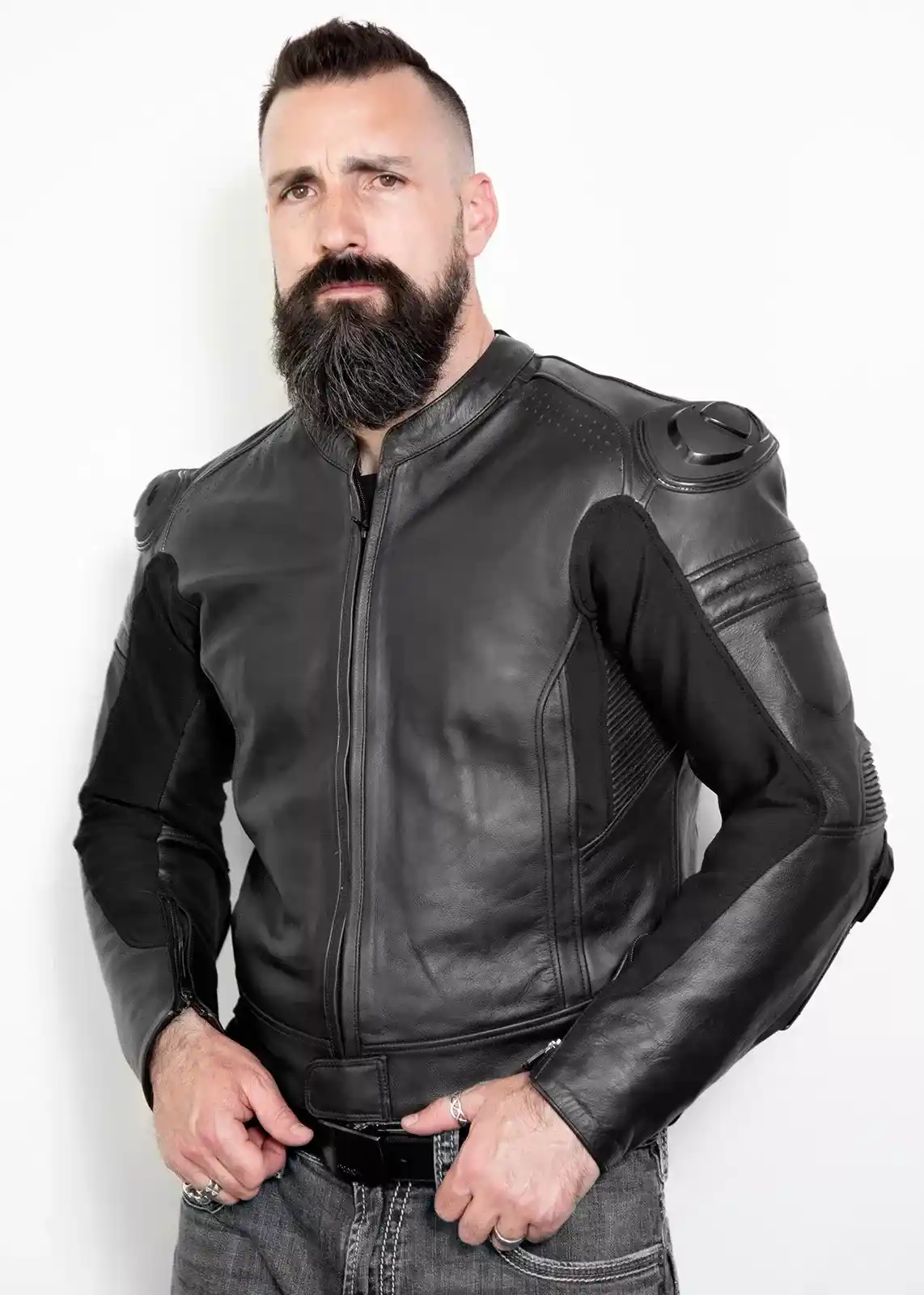 black motorcycle leather jacket with armor