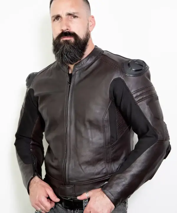 Brown leather motorcycle jacket with armor