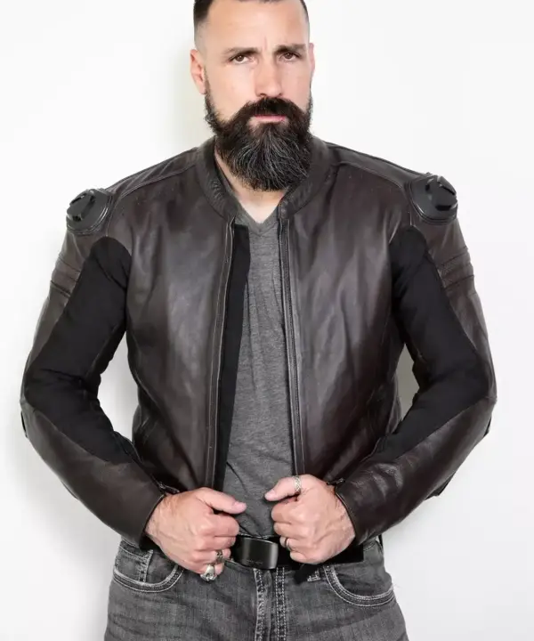 Mens leather motorcycle jacket with armor