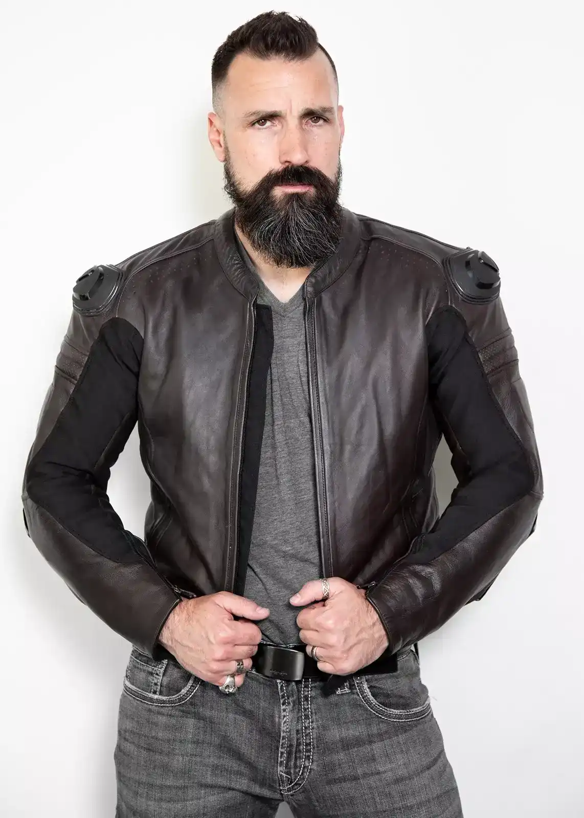 Mens leather motorcycle jacket with armor