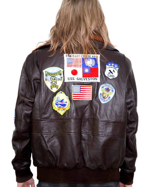 Top Gun Brown Leather Jacket with Patches